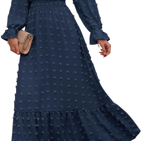 Women Maxi Dress Fall Long Sleeve V Neck Swiss Dots High Waist A-Line - Picture 1 of 8